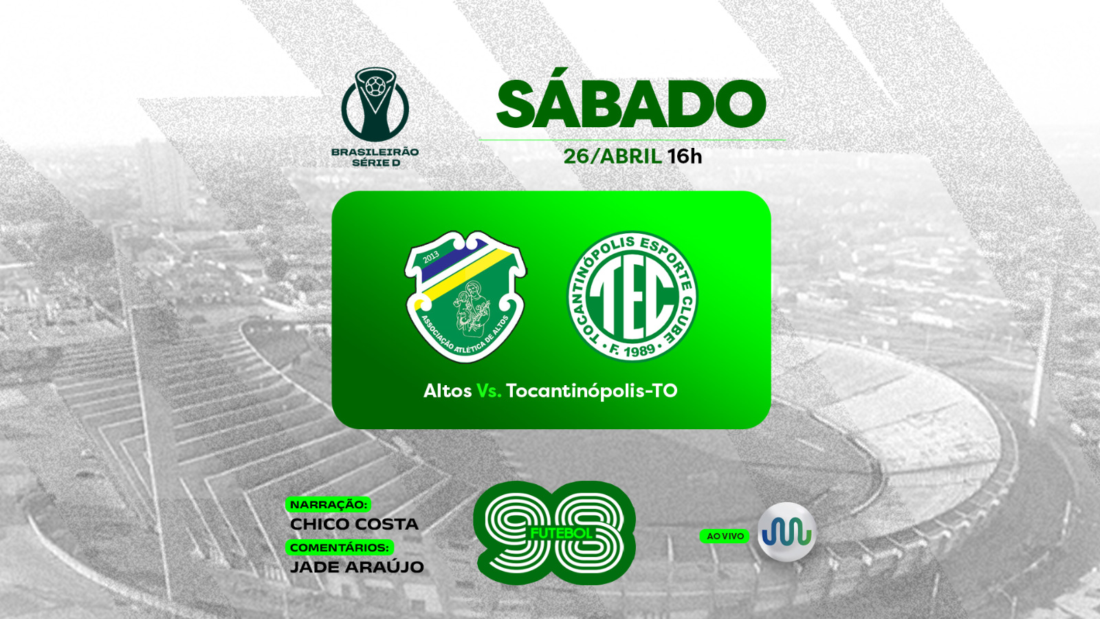 Rádio Assembleia transmite neste sábado (26), partida entre Altos e Tocantinópolis - TO pelo Brasileirão série D