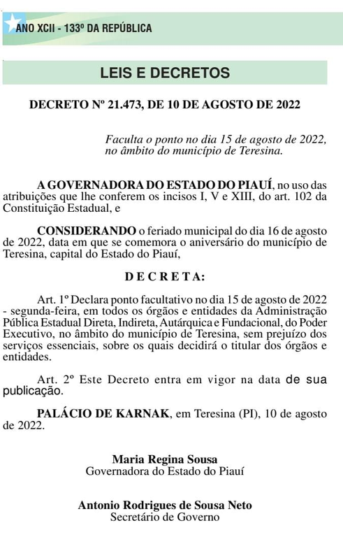 Regina Sousa decreta ponto facultativo no dia 15 de agosto em Teresina —  Assembleia Legislativa do Piauí